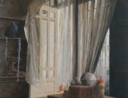 Interieur werkplaats met geopende deur, 2019